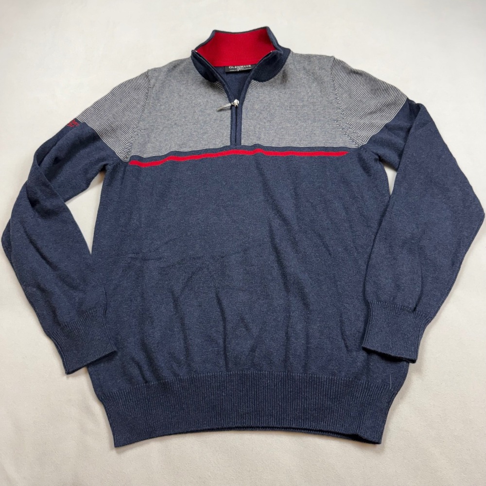Glenmuir 1891 Mens Small Navy Blue Cotton Cashmere 1/4 Zip Golf Sweater Stripe